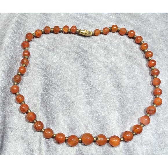 Vintage Polished Carnelian Beaded Necklace With Gold Tone Accent Beads - Picture 6 of 6